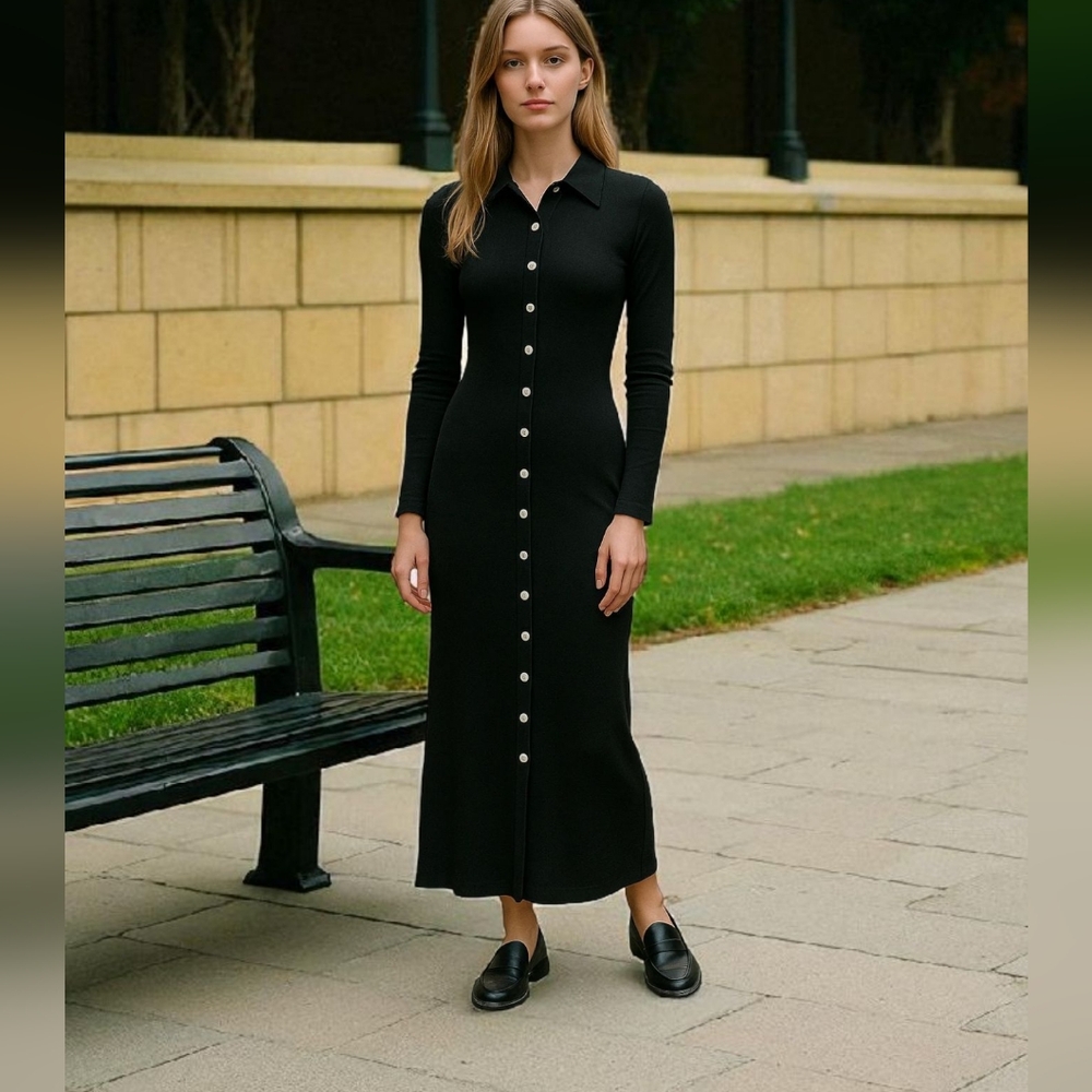 Ribbed button front silk blend dress